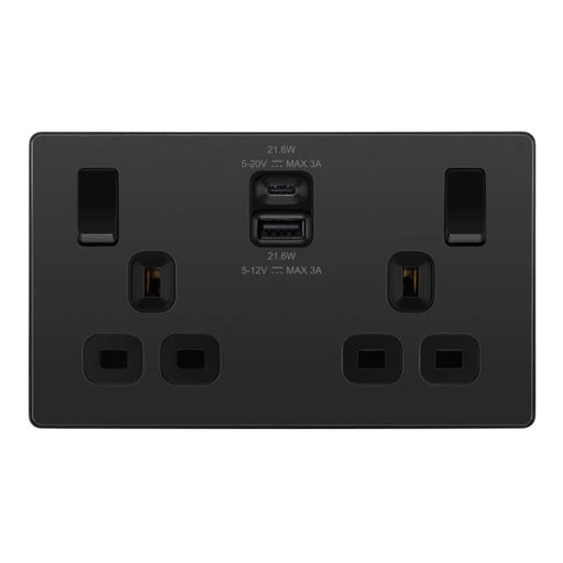 BG Evolve Black Chrome 13A Double USB Socket with 22W A+C Ports PCDBC22UAC22B Available from RS Electrical Supplies