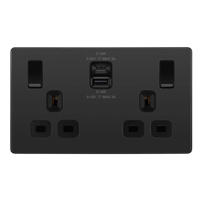 BG Evolve Black Chrome 13A Double USB Socket with 22W A+C Ports PCDBC22UAC22B Available from RS Electrical Supplies