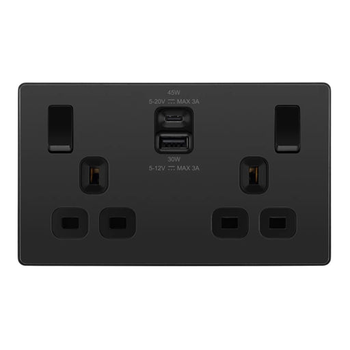 BG Evolve Black Chrome 13A Double USB Socket with 45W A+C Ports PCDBC22UAC45B Available from RS Electrical Supplies