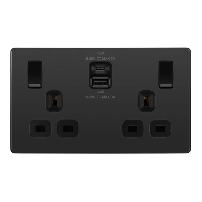 BG Evolve Black Chrome 13A Double USB Socket with 45W A+C Ports PCDBC22UAC45B Available from RS Electrical Supplies