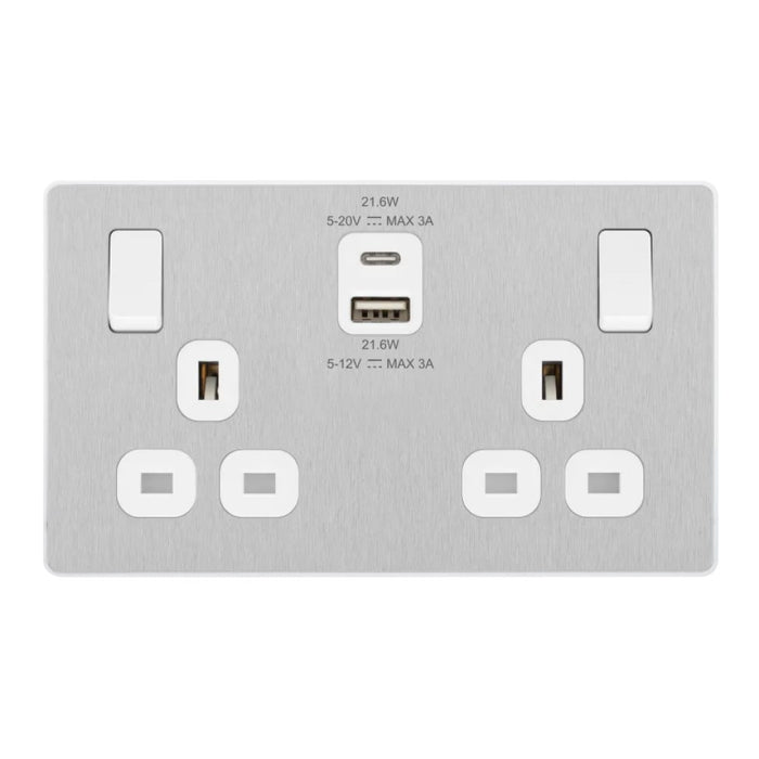 BG Evolve Brushed Steel 13A Double USB Socket with 22W A+C Ports PCDBS22UAC22W