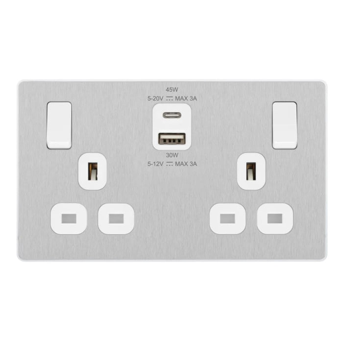 BG Evolve Brushed Steel 13A Double USB Socket with 45W A+C Ports PCDBS22UAC45W