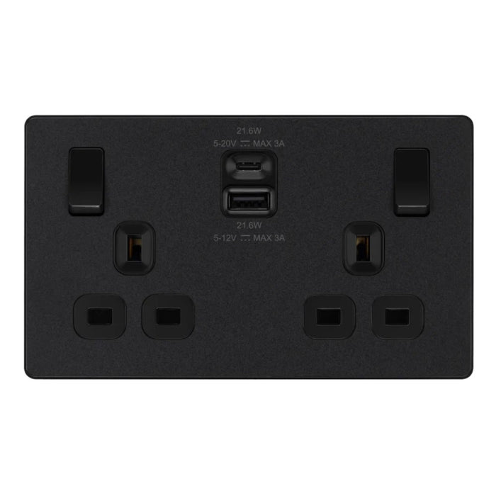 BG Evolve Matt Black 13A Double USB Socket with 22W A+C Ports PCDMB22UAC22B Available from RS Electrical Supplies