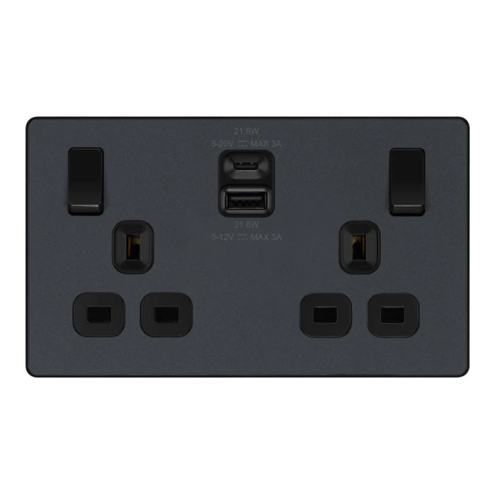 BG Evolve Matt Grey 13A Double USB Socket with 22W A+C Ports PCDMG22UAC22B Available from RS Electrical Supplies