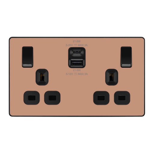 BG Evolve Polished Copper 13A Double USB Socket with 22W A+C Ports PCDCP22UAC22B Available from RS Electrical Supplies