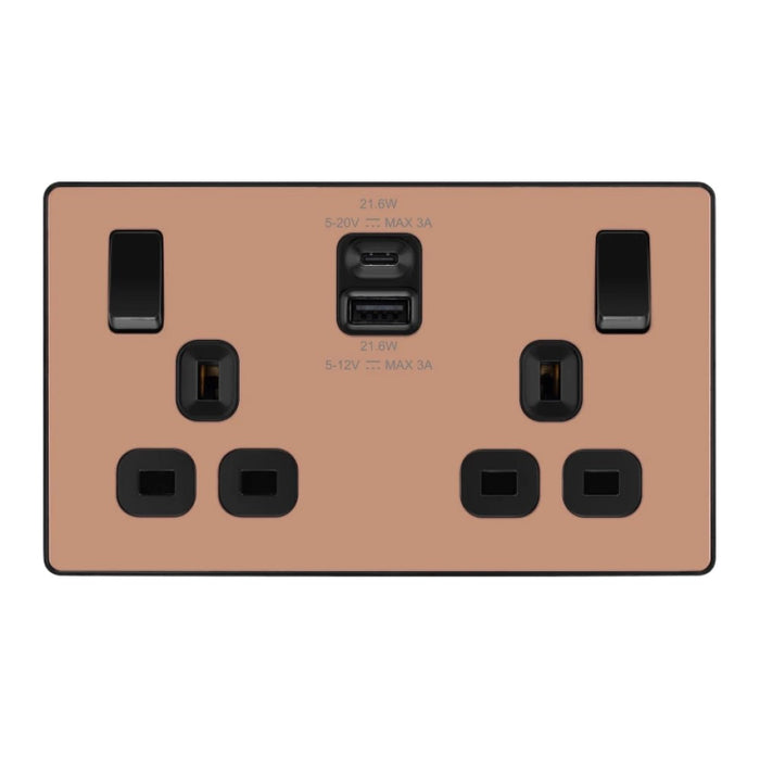 BG Evolve Polished Copper 13A Double USB Socket with 22W A+C Ports PCDCP22UAC22B Available from RS Electrical Supplies