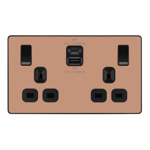 BG Evolve Polished Copper 13A Double USB Socket with 45W A+C Ports PCDCP22UAC45B Available from RS Electrical Supplies