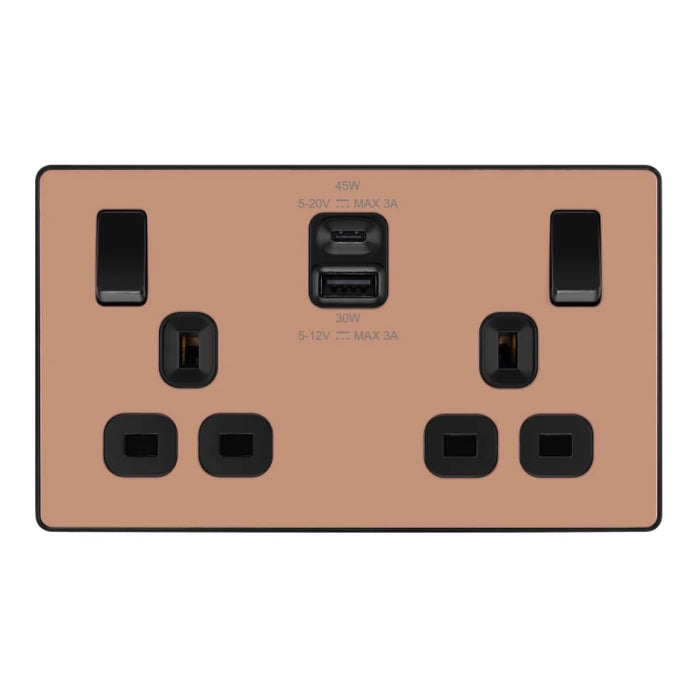 BG Evolve Polished Copper 13A Double USB Socket with 45W A+C Ports PCDCP22UAC45B Available from RS Electrical Supplies