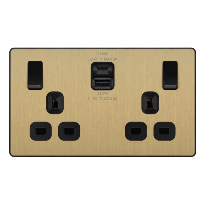 BG Evolve Satin Brass 13A Double USB Socket with 22W A+C Ports PCDSB22UAC22B Available from RS Electrical Supplies