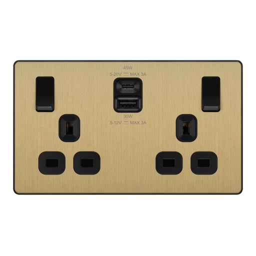 BG Evolve Satin Brass 13A Double USB Socket with 45W A+C Ports PCDSB22UAC45B Available from RS Electrical Supplies