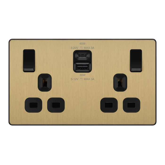 BG Evolve Satin Brass 13A Double USB Socket with 45W A+C Ports PCDSB22UAC45B Available from RS Electrical Supplies