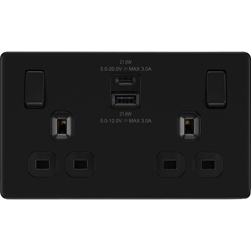 bg-flatplate-screwless-matt-black-13a-double-usb-socket-with-22w-a-c-ffb22uac22b-Available-from-RS-Electrical