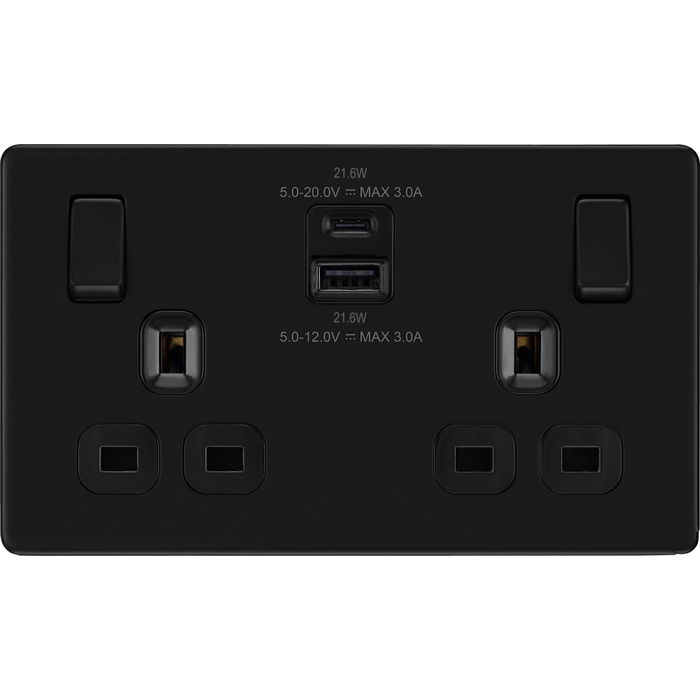 bg-flatplate-screwless-matt-black-13a-double-usb-socket-with-22w-a-c-ffb22uac22b-Available-from-RS-Electrical