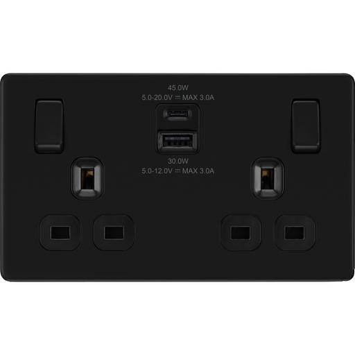 bg-flatplate-screwless-matt-black-13a-double-usb-socket-with-45w-a-c-ffb22uac45b-Available-from-RS-Electrical