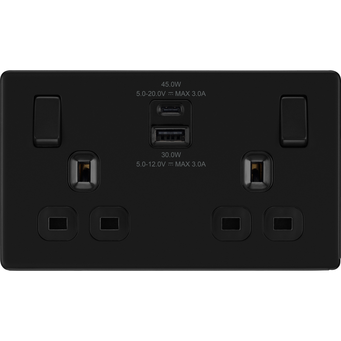 bg-flatplate-screwless-matt-black-13a-double-usb-socket-with-45w-a-c-ffb22uac45b-Available-from-RS-Electrical