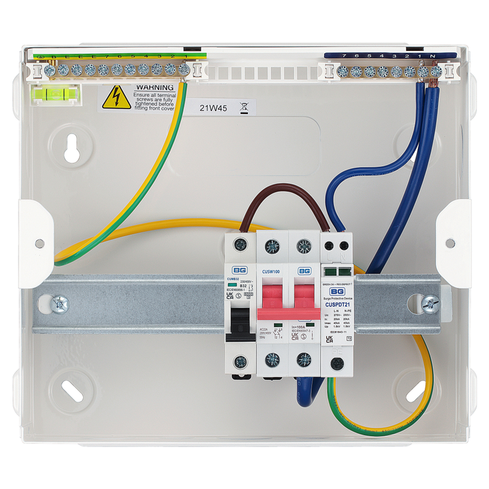 BG Fortress 5 Way 100A Main Switch Consumer Unit with SPD CFUSW05SPD Available from RS Electrical Supplies