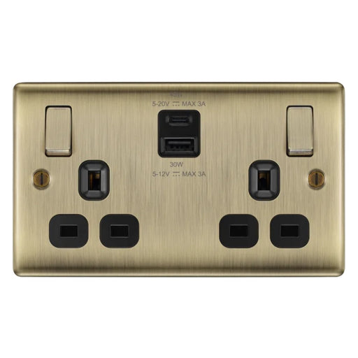 BG Nexus Metal Antique Brass 13A Double USB Socket with 45W A+C NAB22UAC45B Available from RS Electrical Supplies