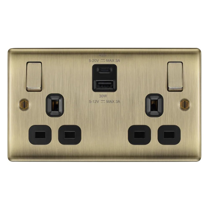 BG Nexus Metal Antique Brass 13A Double USB Socket with 45W A+C NAB22UAC45B Available from RS Electrical Supplies