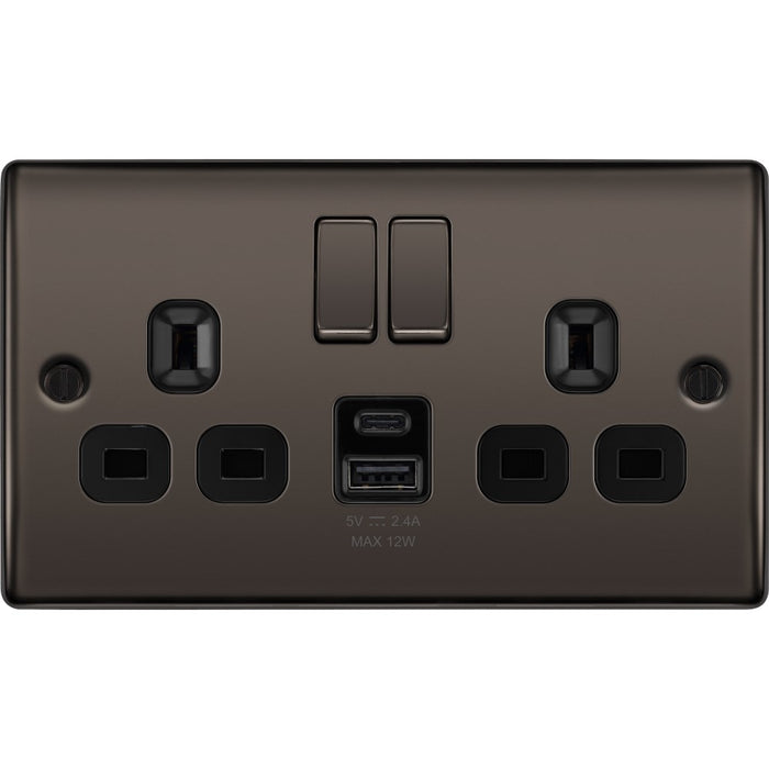 BG Nexus Metal Black Nickel 13A Double USB Socket with 12W A+C Ports NBN22UAC12B Available from RS Electrical Supplies