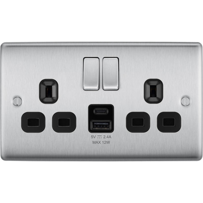 BG Nexus Metal Brushed Steel 13A Double USB Socket with 12W A+C Ports NBS22UAC12BAvailable from RS Electrical