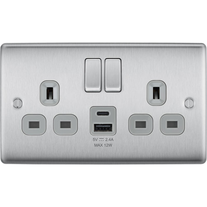 BG Nexus Metal Brushed Steel 13A Double USB Socket with 12W A+C Ports NBS22UAC12GAvailable from RS Electrical