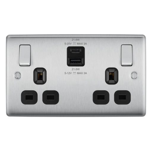 BG Nexus Metal Brushed Steel 13A Double USB Socket with 22W A+C Ports NBS22UAC22BAvailable from RS Electrical