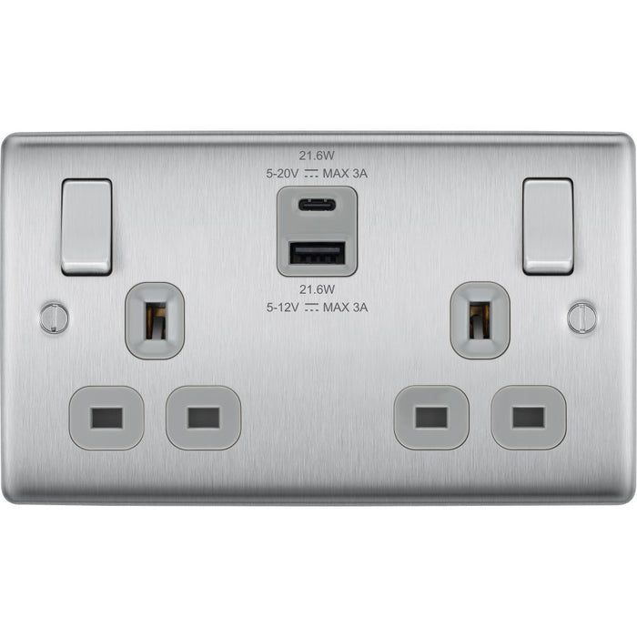 BG Nexus Metal Brushed Steel 13A Double USB Socket with 22W A+C Ports NBS22UAC22GAvailable from RS Electrical