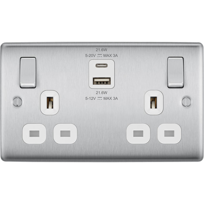 BG Nexus Metal Brushed Steel 13A Double USB Socket with 22W A+C Ports NBS22UAC22WAvailable from RS Electrical