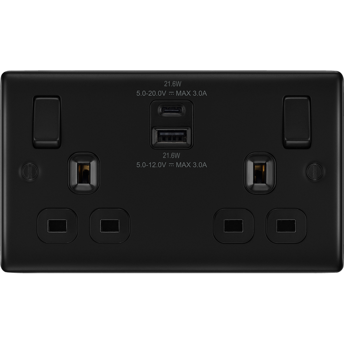 bg-nexus-metal-matt-black-13a-double-usb-socket-with-22w-a-c-nfb22uac22b-Available-from-RS-Electrical