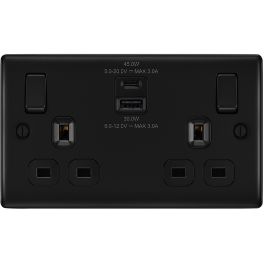 bg-nexus-metal-matt-black-13a-double-usb-socket-with-45w-a-c-nfb22uac45b-Available-from-RS-Electrical