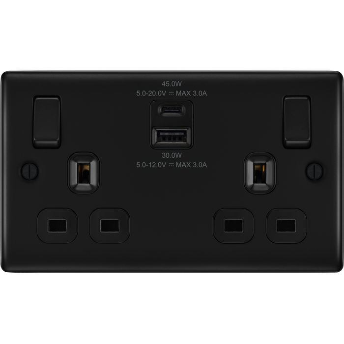 bg-nexus-metal-matt-black-13a-double-usb-socket-with-45w-a-c-nfb22uac45b-Available-from-RS-Electrical