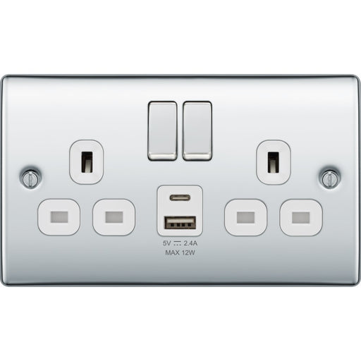 BG Nexus Metal Polished Chrome 13A Double USB Socket with 12W A+C Ports NPC22UAC12W Available from RS Electrical Supplies