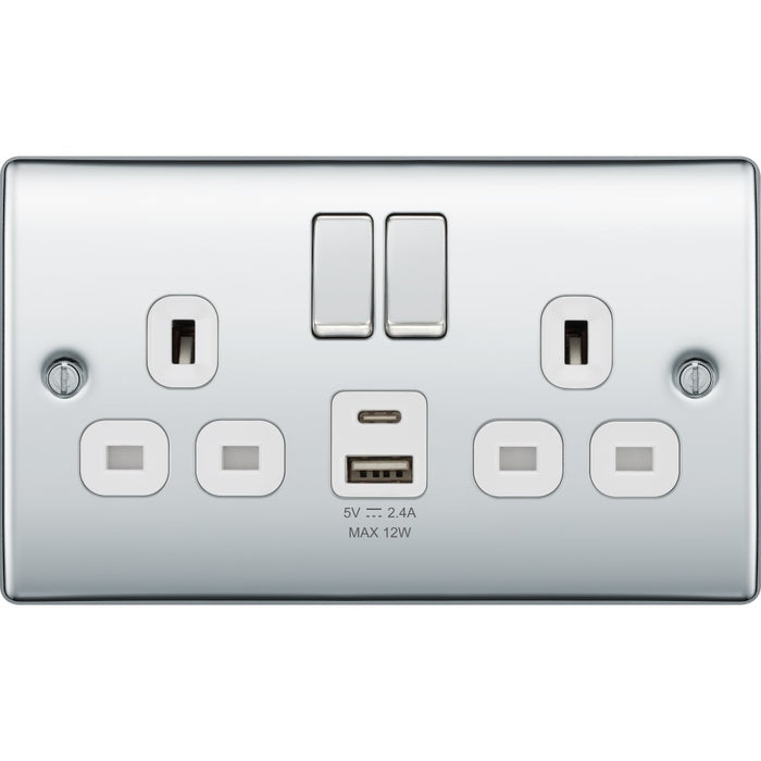 BG Nexus Metal Polished Chrome 13A Double USB Socket with 12W A+C Ports NPC22UAC12W Available from RS Electrical Supplies