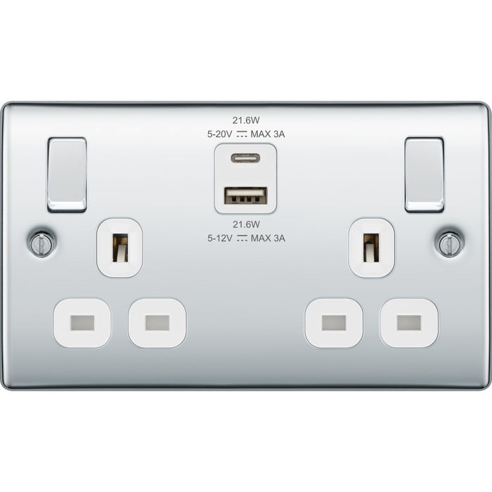 BG Nexus Metal Polished Chrome 13A Double USB Socket with 22W A+C Ports NPC22UAC22W Available from RS Electrical Supplies