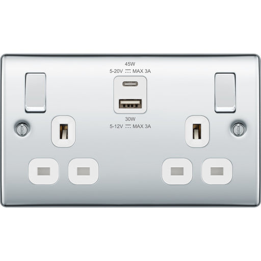 BG Nexus Metal Polished Chrome 13A Double USB Socket with 45W A+C Ports NPC22UAC45W Available from RS Electrical Supplies