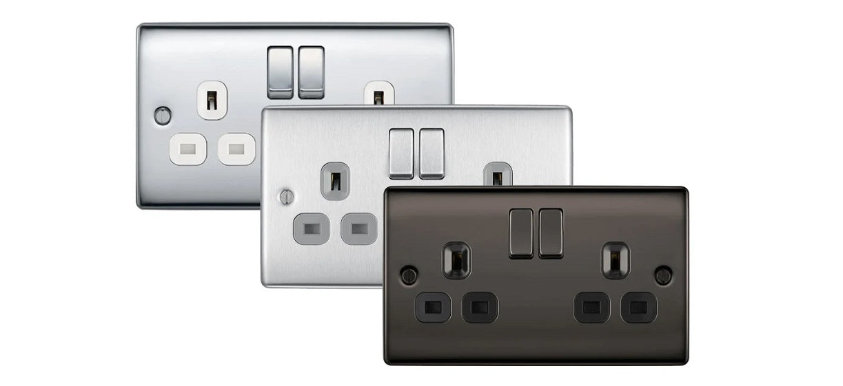 BG Electrical Nexus metal range, polished chrome, brushed steel and black nickel