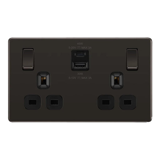 BG Nexus Screwless Black Nickel 13A Double USB Socket 45W A+C FBN22UAC45B Available from RS Electrical Supplies