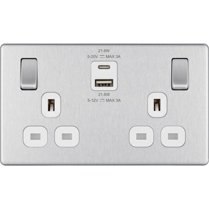 BG Nexus Screwless Brushed Steel 13A Double USB 22W A+C Ports FBS22UAC22W Available from RS Electrical