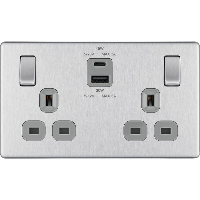 BG Nexus Screwless Brushed Steel 13A Double USB 45W A+C Ports FBS22UAC45G Available from RS Electrical