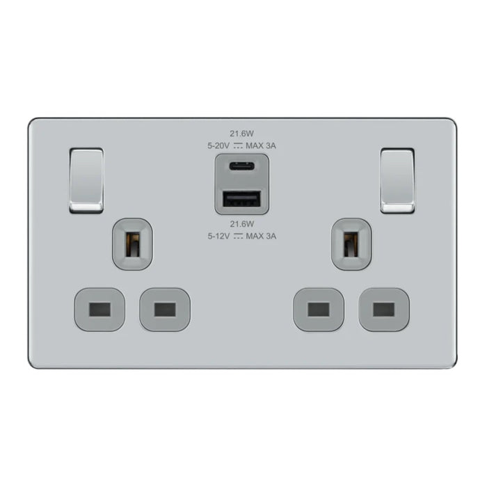 BG Nexus Screwless Polished Chrome 13A Double USB Socket 22W A+C Ports FPC22UAC22G Available from RS Electrical Supplies