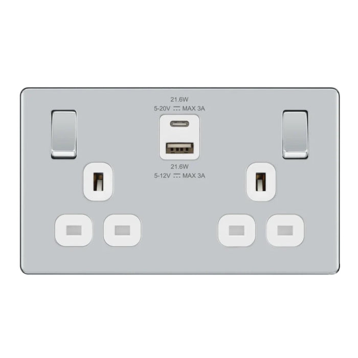 BG Nexus Screwless Polished Chrome 13A Double USB Socket 22W A+C Ports FPC22UAC22W Available from RS Electrical Supplies