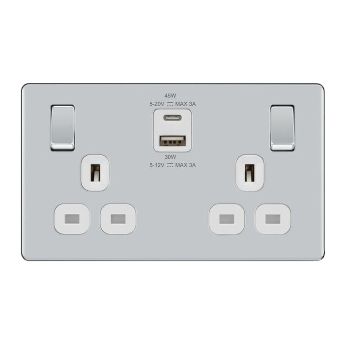 BG Nexus Screwless Polished Chrome 13A Double USB Socket 45W A+C Ports FPC22UAC45W Available from RS Electrical Supplies