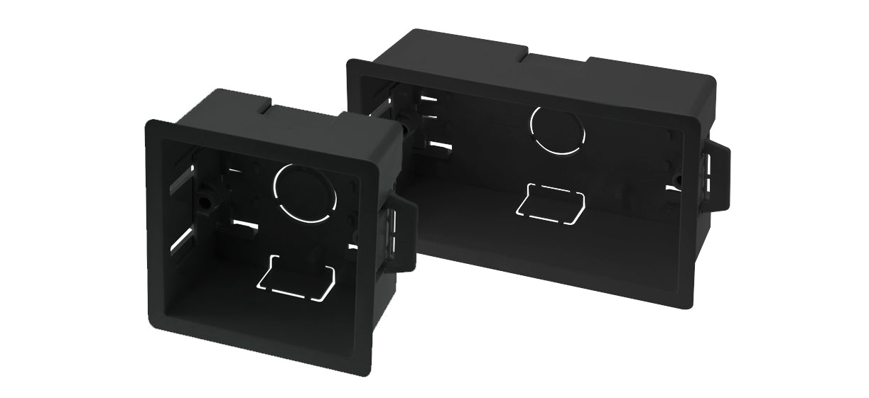 Click Essential single and double black back boxes available from RS Electrical