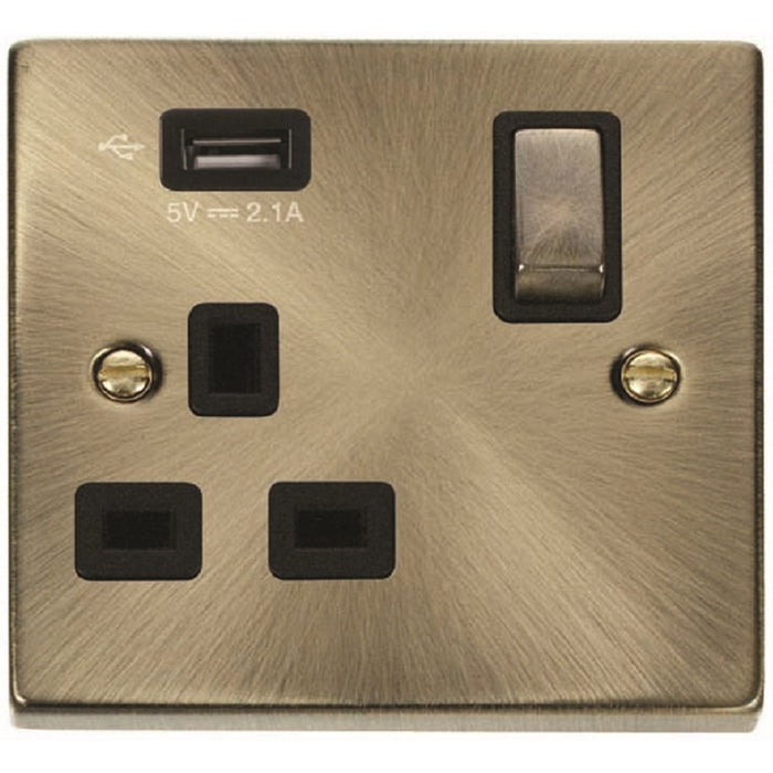 Click Deco Antique Brass 13A Single USB Socket VPAB571UBK Available from RS Electrical Supplies