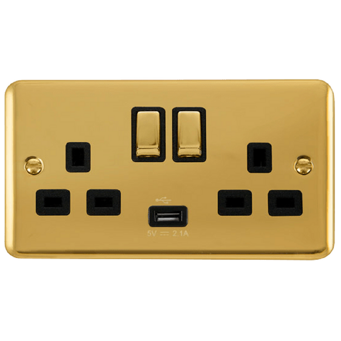 Click Deco Plus Polished Brass 13A Double USB Socket DPBR570BK