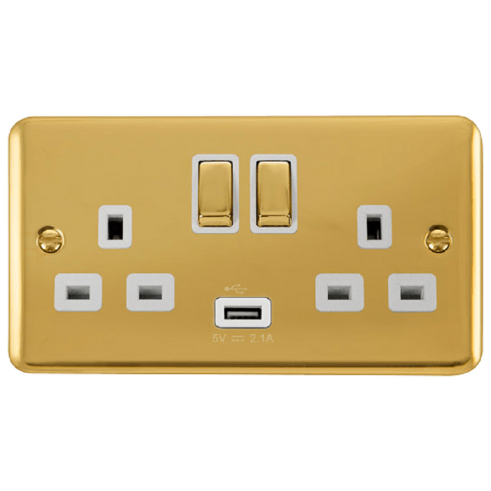 Click Deco Plus Polished Brass 13A Double USB Socket DPBR570WH