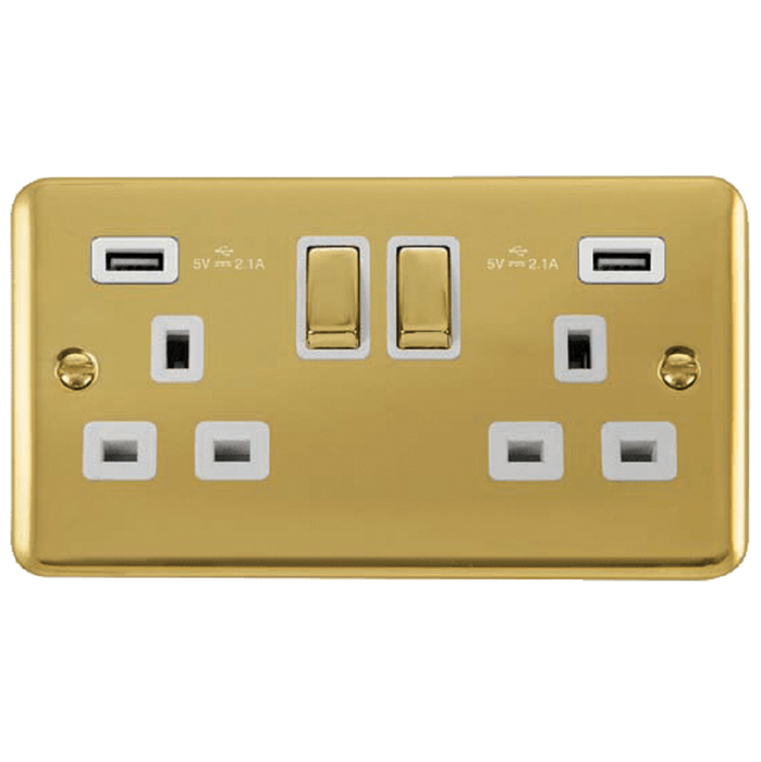 Click Deco Plus Polished Brass 13A Double USB Socket DPBR580WH