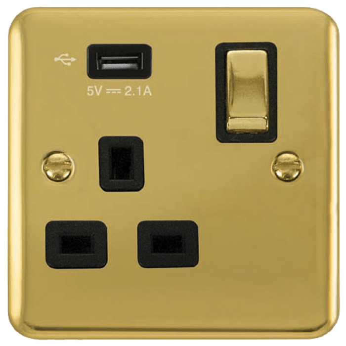 Click Deco Plus Polished Brass 13A Single USB Socket DPBR571UBK