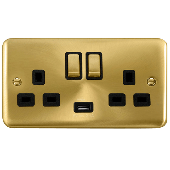 Click Deco Plus Satin Brass 13A Double USB Socket DPSB570BK