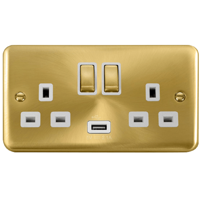 Click Deco Plus Satin Brass 13A Double USB Socket DPSB570WH